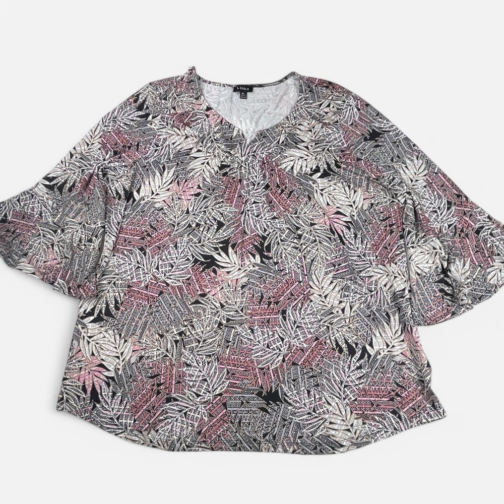 Links Womens Blouse Top XL Shirt Notch Neck 3/4 Sleeve Flare Palm Leaf Gray Pink